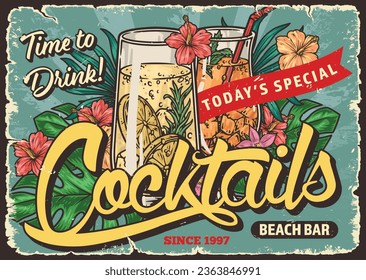 Beach cocktails colorful vintage poster with tropical cold drinks in glasses arranged among exotic flowers and plants vector illustration
