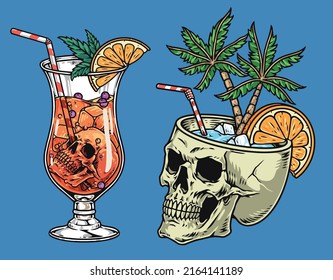 Beach cocktails colorful vintage sketch chilled Hawaiian style drinks with ice and orange Aperol glass with skull vector illustration