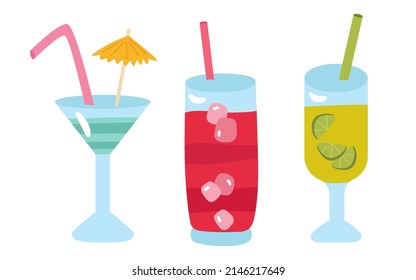 Beach cocktails with ice. Refreshing drink in glasses with tubes. Blue in layers, pink berry, green with lime. Vector illustration for sunny summer