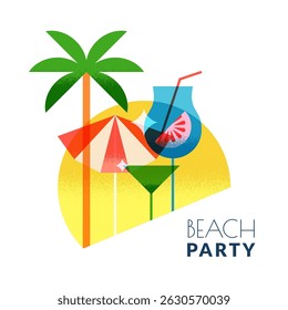 Beach cocktails label, logo. Modern flat vector design with palm, drinks, and umbrella on yellow circle background. Perfect for summer party banner, bar menu or club poster