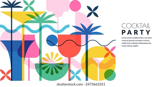 Beach cocktails party horizontal banner, poster template. Vector illustration. Abstract geometric color block flat design. Alcohol cocktail menu, tropical bar elements on white background