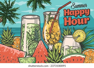 Beach cocktails vintage poster colorful fruity low alcohol drinks and fruits near ocean with summer happy hour slogan vector illustration