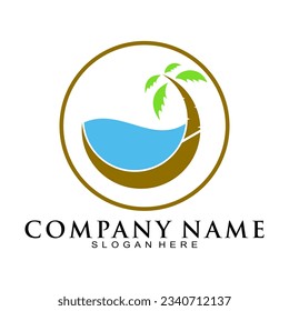 Beach with coconut tree illustration vector logo
