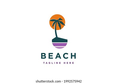 Beach with coconut tree logo design vector illustration. Beach suitable for holiday and vacation logos.