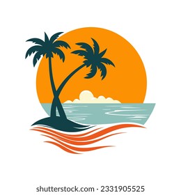 Beach with coconut tree and sunset vector logo design