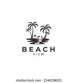 beach  coconut trees and flamingo birds silhouette logo design vector icon illustration 