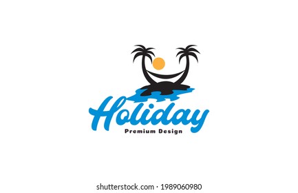 beach coconut trees with sunset holiday logo vector symbol icon design graphic illustration