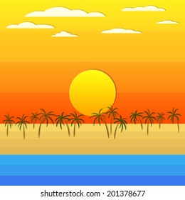 beach and coconut under orange summer sky with cloud and sunset background(vector) 