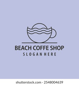 Praia Café Logo linha arte ícone vetorial ilustração Design, ou Praia Café Cafeteria Logo Design 