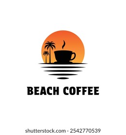 beach coffee sunset logo design concept idea with palm tree and sun