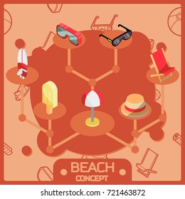 Beach color outline isometric concept icons