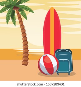 beach colorful design with surfboard with ball and suitcase, colorful design. vector illustration