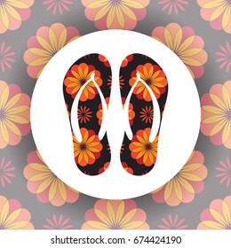 Beach colorful flip flops on floral background. Design elements for banners or flyers.