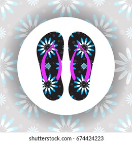 Beach colorful flip flops on floral background. Design elements for banners or flyers.