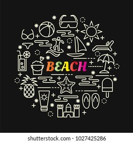 beach colorful gradient with line icons set, vector editable stroke