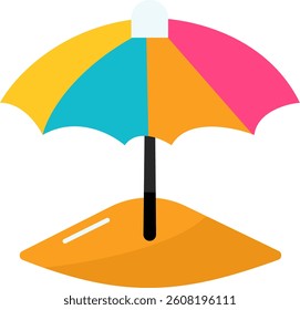 beach colorful umbrella on brown sand illustration vector beach summer relaxing holiday icon vacation flat