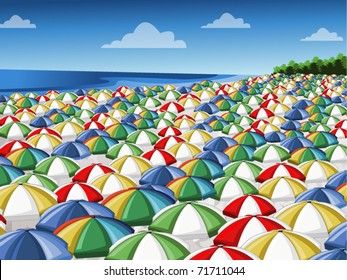 Beach with a lot of colorful umbrellas