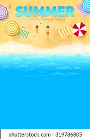 Beach with colorful umbrellas, towels, people and SUMMER sign, vector leaflet template