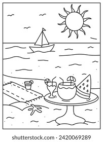 Un vector de página de color de playa en diseño de mano