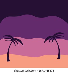 beach composition flat . Purple vector illustration palm trees in beautiful style on colorful background. Vector exotic summer background. 