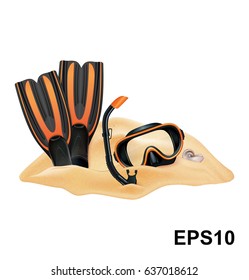 Beach composition. Sand, dive mask, snorkel, flippers, shell. Vector illustration