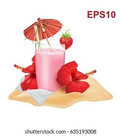 Beach composition. Strawberry cocktail, strawberry, hibiscus, napkin, cocktail tube and umbrella. Vector illustration
