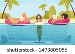 Beach composition with summer landscape palms and pool with flat doodle characters of adult relaxing people vector illustration