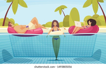 Beach composition with summer landscape palms and pool with flat doodle characters of adult relaxing people vector illustration