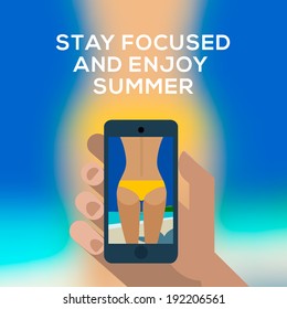 Beach concept, hand holding smartphone and make picture of a female backside in a yellow swimsuit. Vector image. 