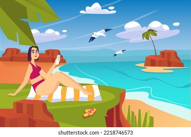 Beach concept with people scene in the background cartoon style. Girl rests on the beach and watches seagulls near the sea. Vector illustration.