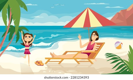 Beach concept with people scene in the background cartoon style. Mother sunbathes on the beach and watches her daughter play on the beach. Vector illustration.