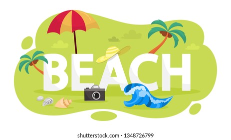Beach concept. Summer vacation and holiday at the sea or ocean. Sunny nature and beautiful view. Vector illustration in cartoon style