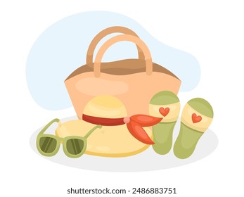 Beach concept for summer. Women's rubber beach slippers, bag, hat and glasses. Vector flat illustration
