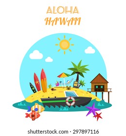 Beach concept with tropical island and sea vacation icons flat vector illustration