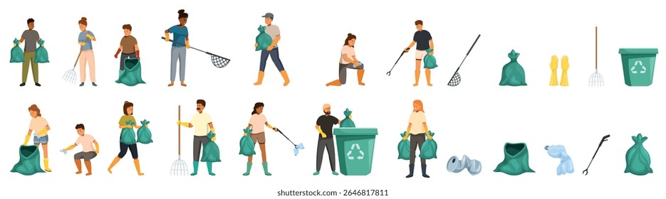 Beach conservation icons set. Volunteers cleaning nature and collecting garbage in bags and putting trash into recycling bin, using rakes and litter pickers