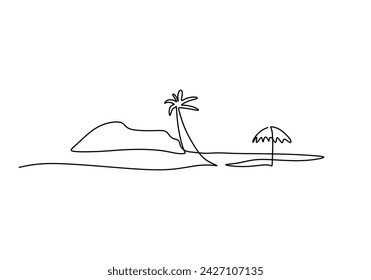 Beach continuous line drawing. Vector illustration of umbrella beach during summer holiday. Panorama landscape of nature art.