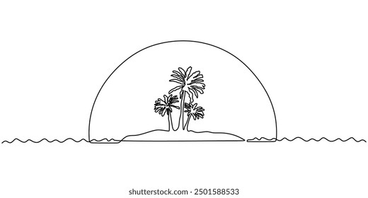 Beach continuous line drawing. Vector illustration of umbrella beach during summer holiday. Panorama landscape of nature art.
