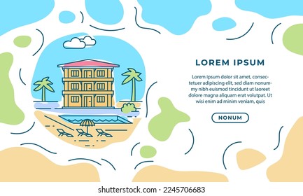 Beach cottage banner template design. Round line art and color drawing illustration with beach house, palm trees and swimming pool.