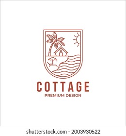 Beach Cottage With Coconut Tree And Beach Chair At Daytime Line Art Logo Design