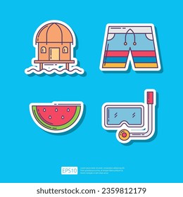 Beach Cottage House, Swimming Trunks Sport Shorts, Watermelon Vegetable and Fruit, Snorkeling Mask. Summer Vacation Sticker Icon Vector Illustration set