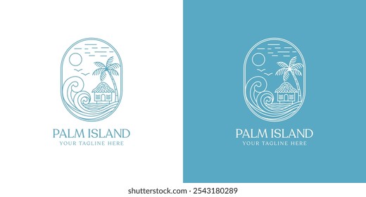 beach cottage resort logo design. The logo features a stylized illustration of a beach cottage, with a line art design style