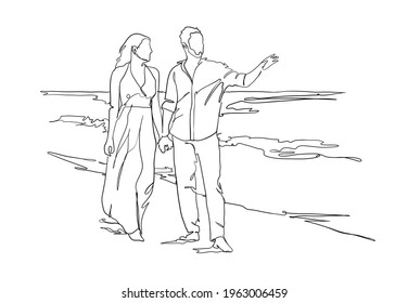 Beach couple in one line art vector