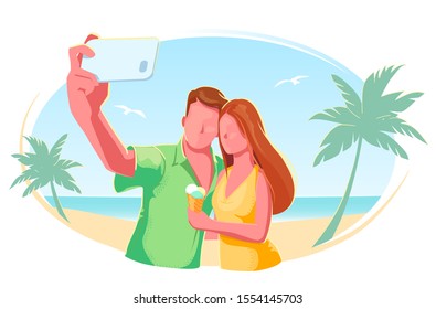 Beach couple selfie flat vector isolated illustration. Holiday, vacation, honeymoon, tourism concept. Summer Travel banner. Friends outdoor lifestyle modern design. Tropical sea on white background.
