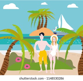 Beach couple walking on romantic travel honeymoon vacation summer holidays romance. Back rear view of casual young happy lovers in full body length on beach.