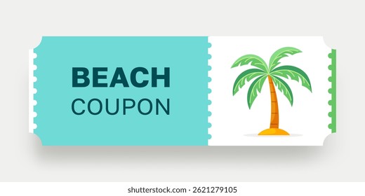 Beach Coupon. Color ticket with green palm tree. Vector illustration. Perfect for advertising summer sales, tourist offers and tropical vacations.