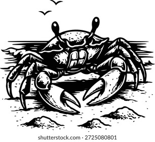 Diseño de corte láser de escena de cangrejo de playa - cangrejo de océano en la costa de arena - arte de grabado de vida silvestre costera - escena de cangrejo de costa - archivo láser detallado de cangrejo de arena