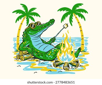 Beach crocodile, campfire marshmallow, retro summer vibes, tropical palm trees, alligator art, vintage t-shirt design, coastal