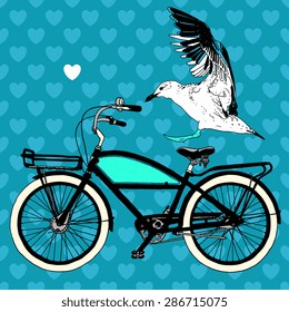 Beach cruiser with hearts and bird