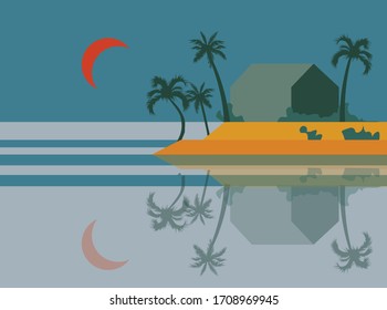 Playa al amanecer con palmeras y luna naranja en el cielo