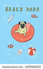 Beach day card with cute pug dog in lifebuoy. Vector illustration.